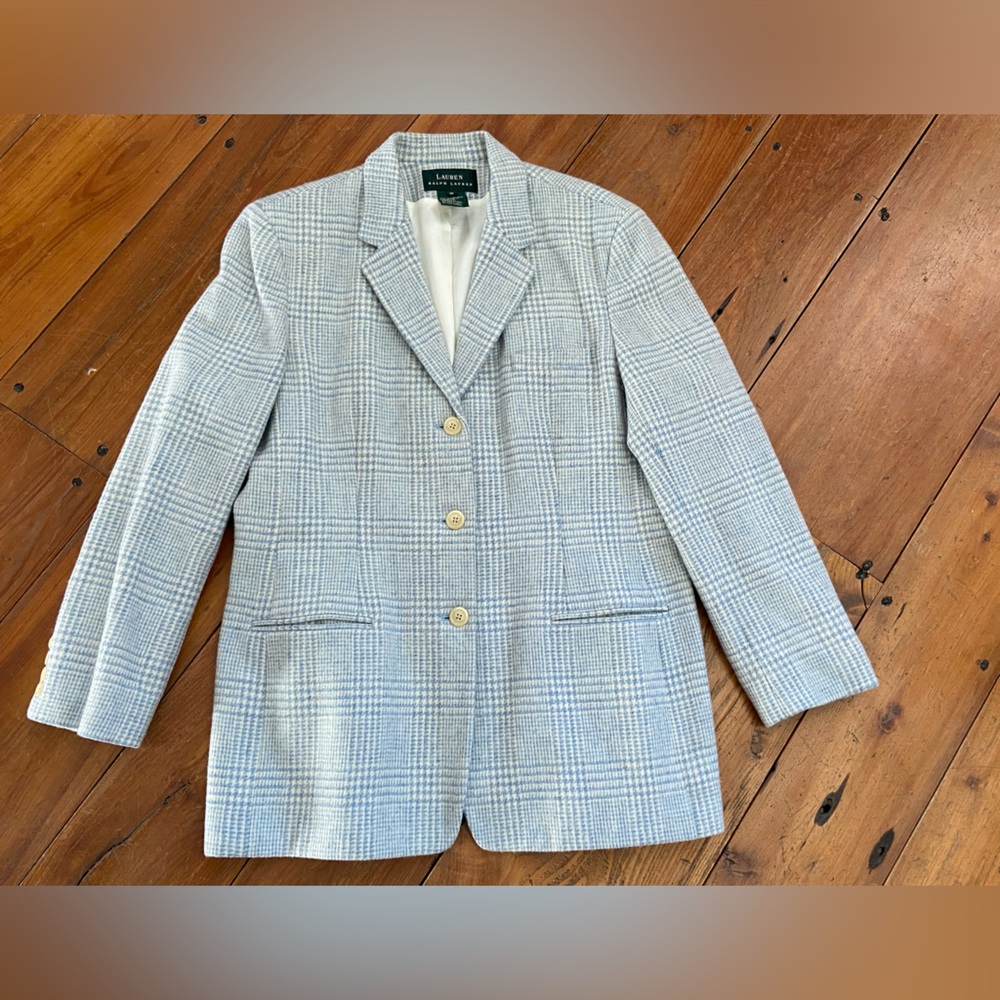 Lauren Ralph‎ Lauren Light Blue Plaid Tailored Blazer Blue Windowpanes Size 16